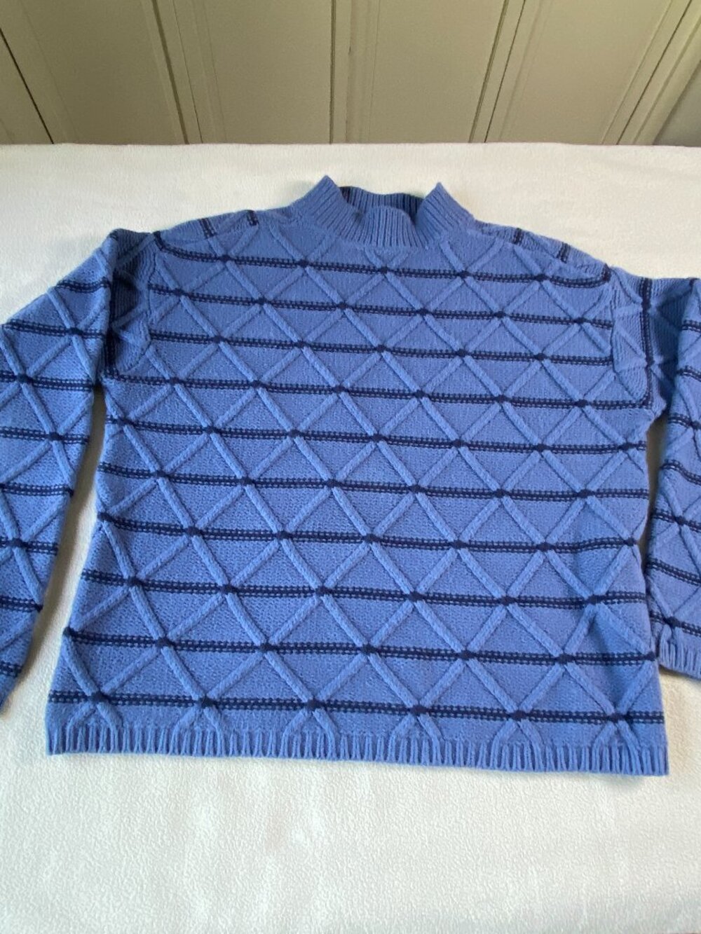 Ann Taylor Weekend Blue Textured Knit Sweater Mock Neck Geometric Pattern Small